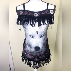 Moon Wolf Black Fringe Eagle Feather Long Tank/Dress